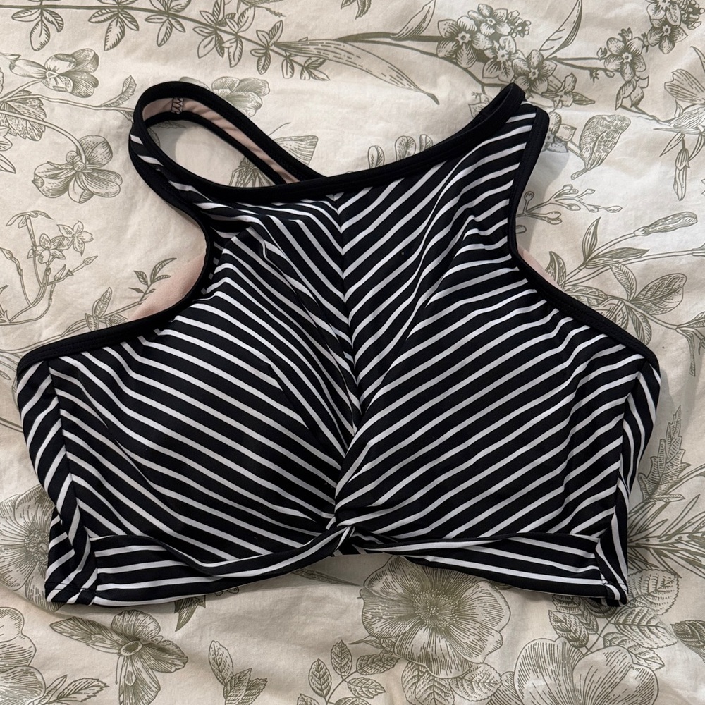 Kona Sol Black and White Striped Swim Top